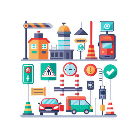 239769019-vector-illustration-of-modern-flat-design-icons-set-of-cars-traffic-light-road-signs-road-cones