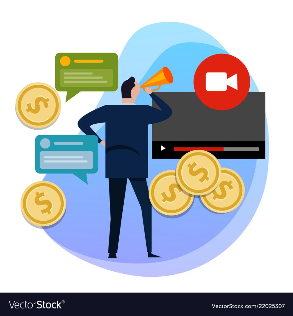 The concept of monetization of the video. Making money on video content. coin.
